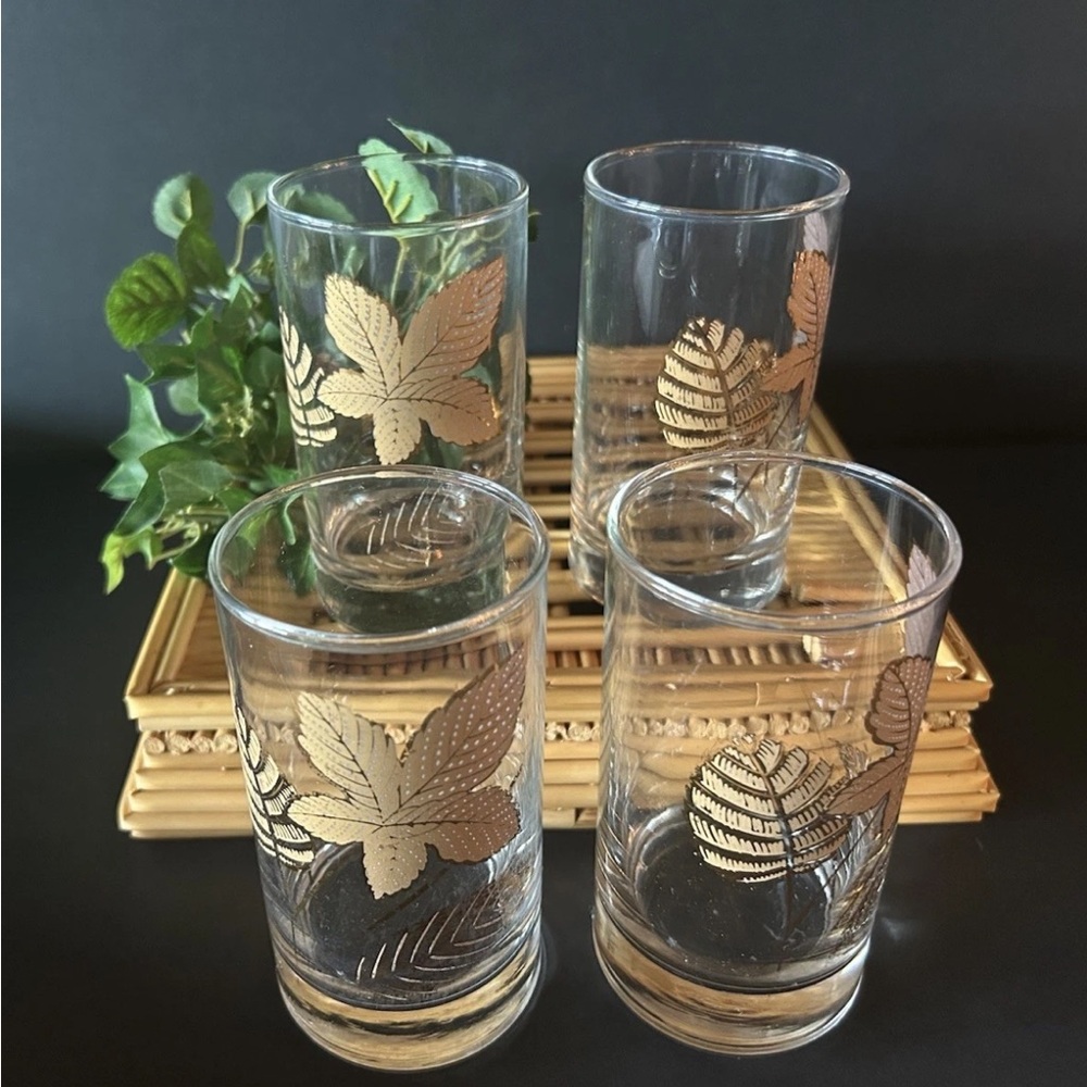 Vintage Libbey Gold Leaf Glasses Highball‎ Tumbler Set of 4 MCM Foliage 5"